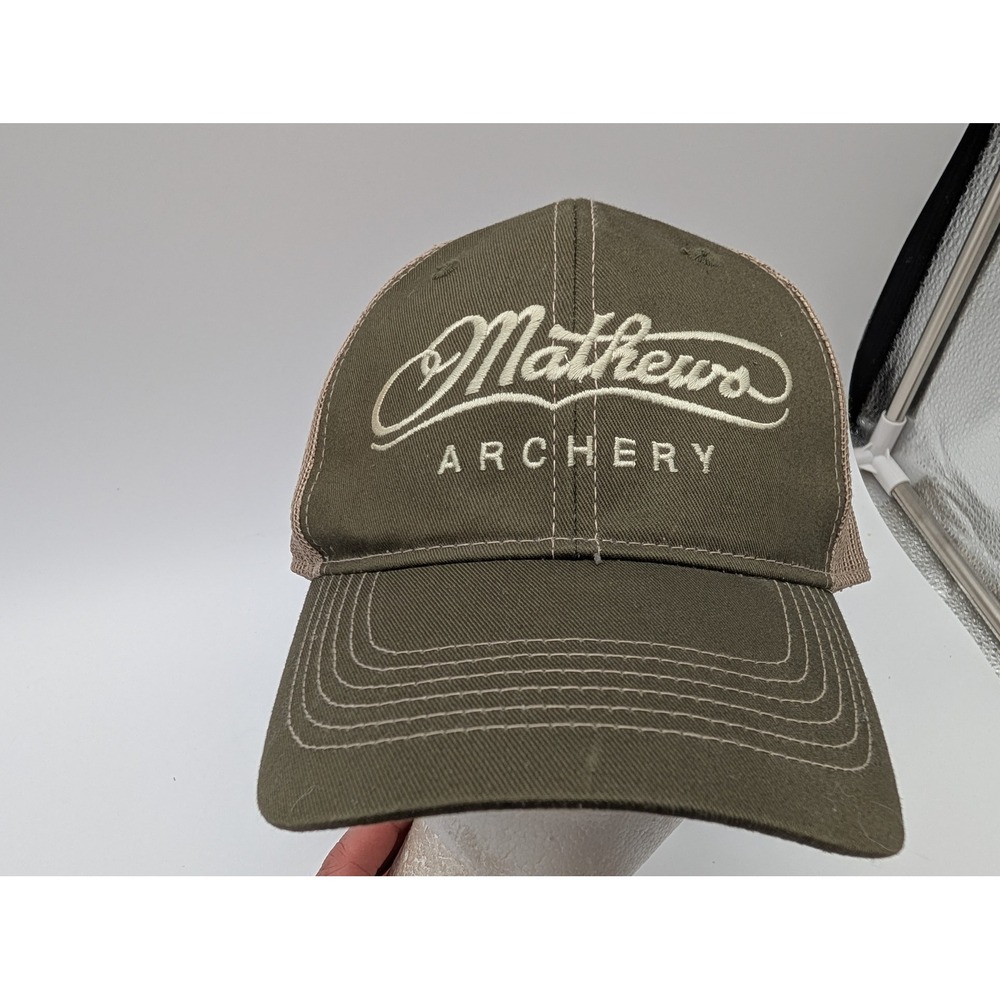 Mathews Archery Trucker Hat Olive Green Tan Adjustable Snapback Mesh Cap